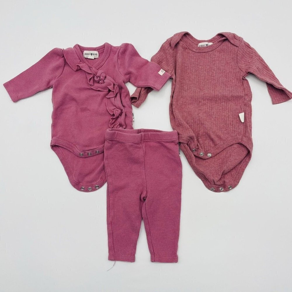 Rabbit + Bear Baby Girls 0-3M‎ 3 Piece Thermal Waffle Knit & Ribbed Set 2152
